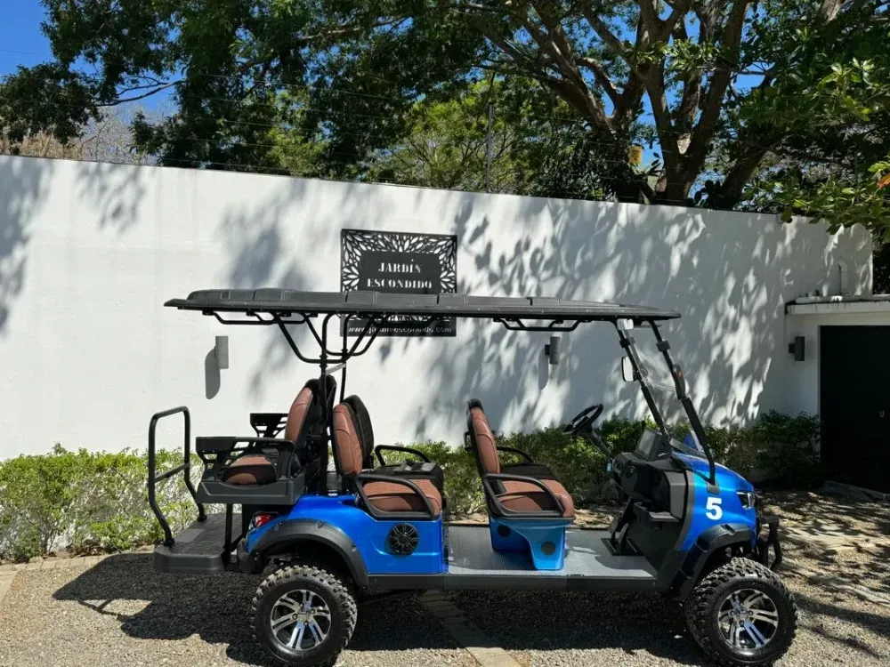 Six seater golf cart rental in Playa Grande with four forward seats and two rear facing seats