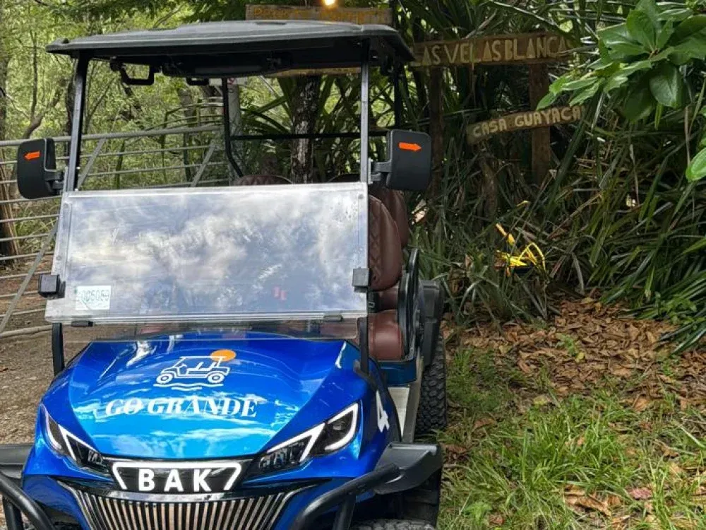 Golf cart at a jungle property entrance near Playa Grande